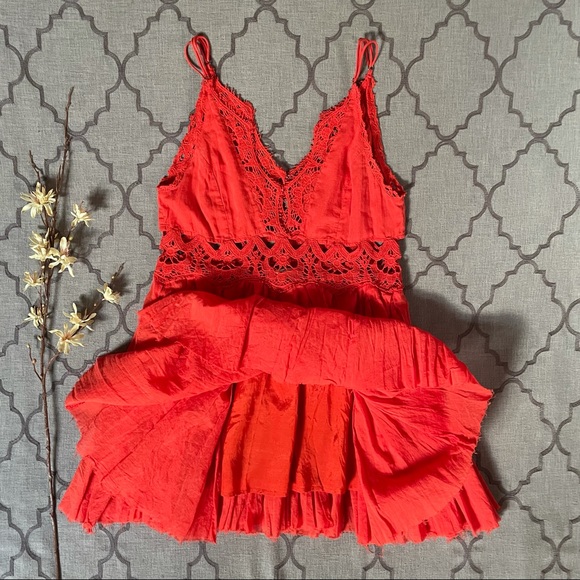 Free People Boho Sweet! Deep-V Crochet Lace Detail Raw Hem Mini Dress - Picture 9 of 14